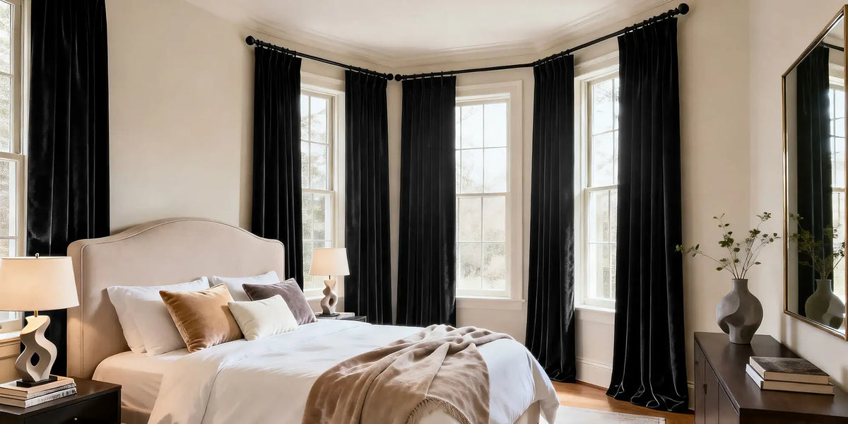 Transitional Bedroom — Black Velvet and Bay Windows