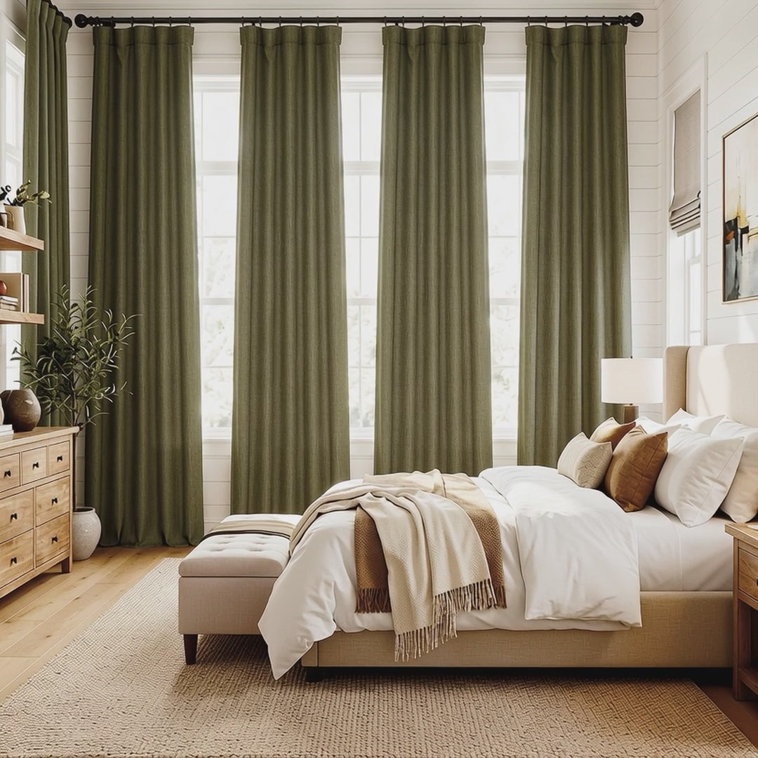 Khaki Green Textured Faux Linen Room Darkening Curtain