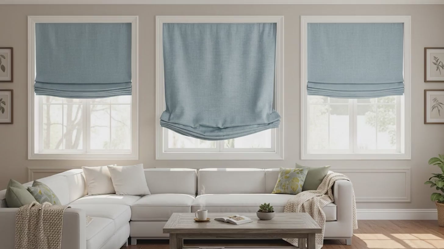 Blue linen roman shades enhancing a bright contemporary living room.