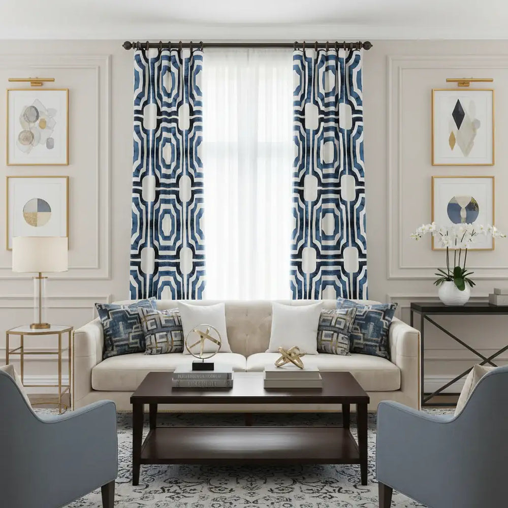 Mecca Blue Geometric Printed Cotton Room Darkening Curtain