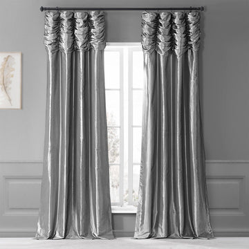Platinum Ruched Solid Faux Silk Taffeta Room Darkening Curtain