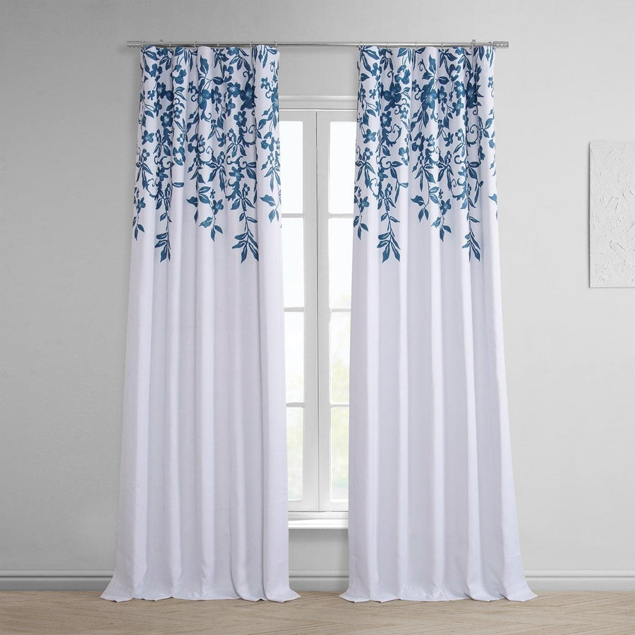 Temple Garden Blue Printed Faux Linen Room Darkening Curtain - HalfPriceDrapes.com