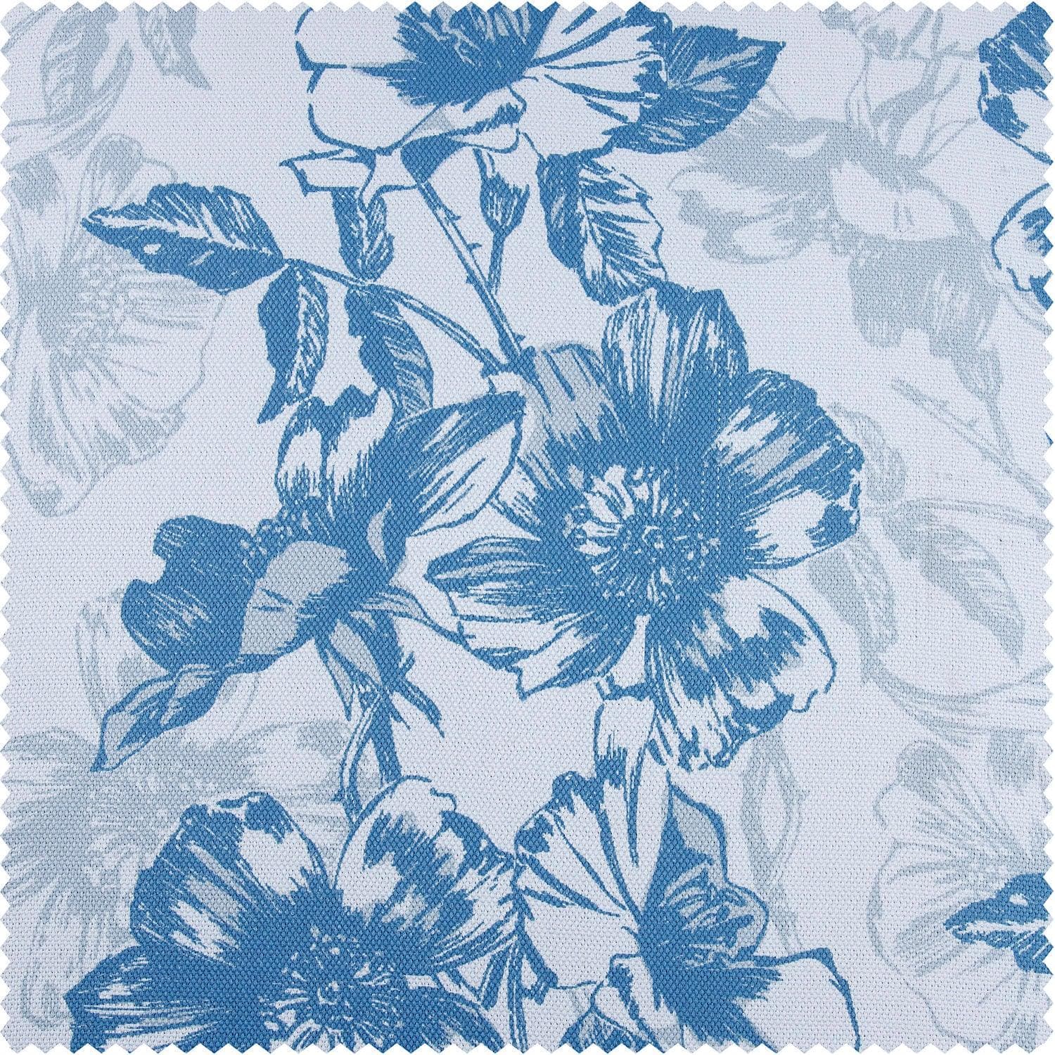 Blue Poppy Floral Printed Faux Linen Room Darkening Curtain