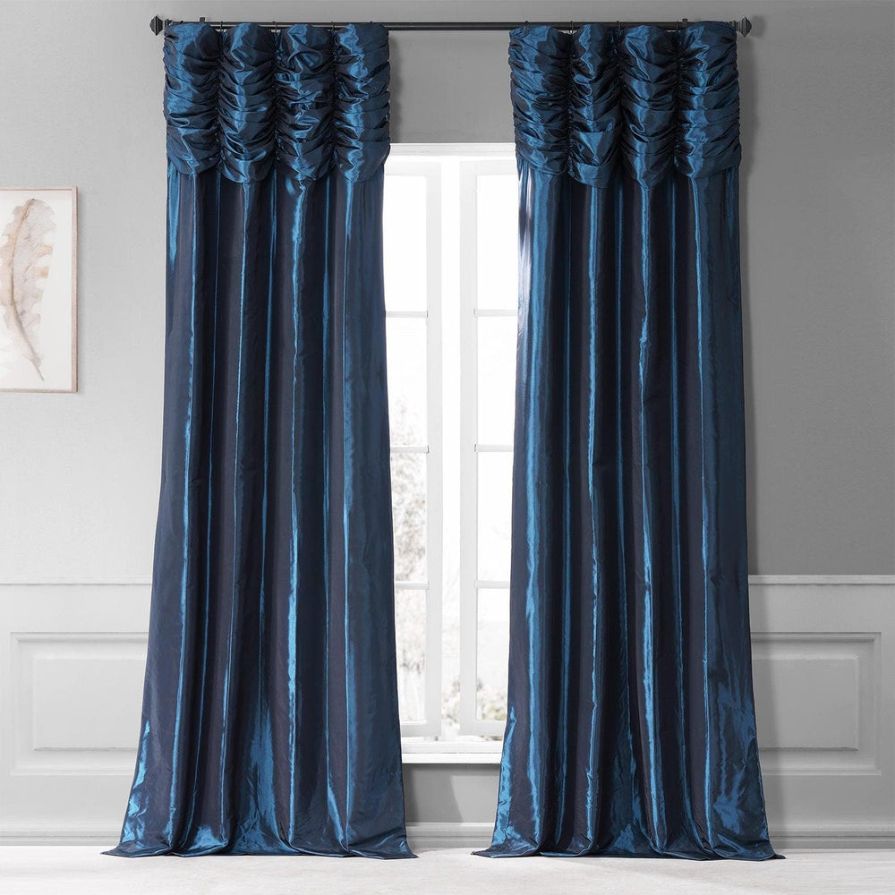Navy Ruched Solid Faux Silk Taffeta Curtain - HalfPriceDrapes.com