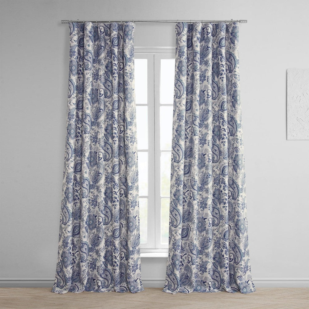 Fullbloom Blue Printed Faux Linen Room Darkening Curtain - HalfPriceDrapes.com