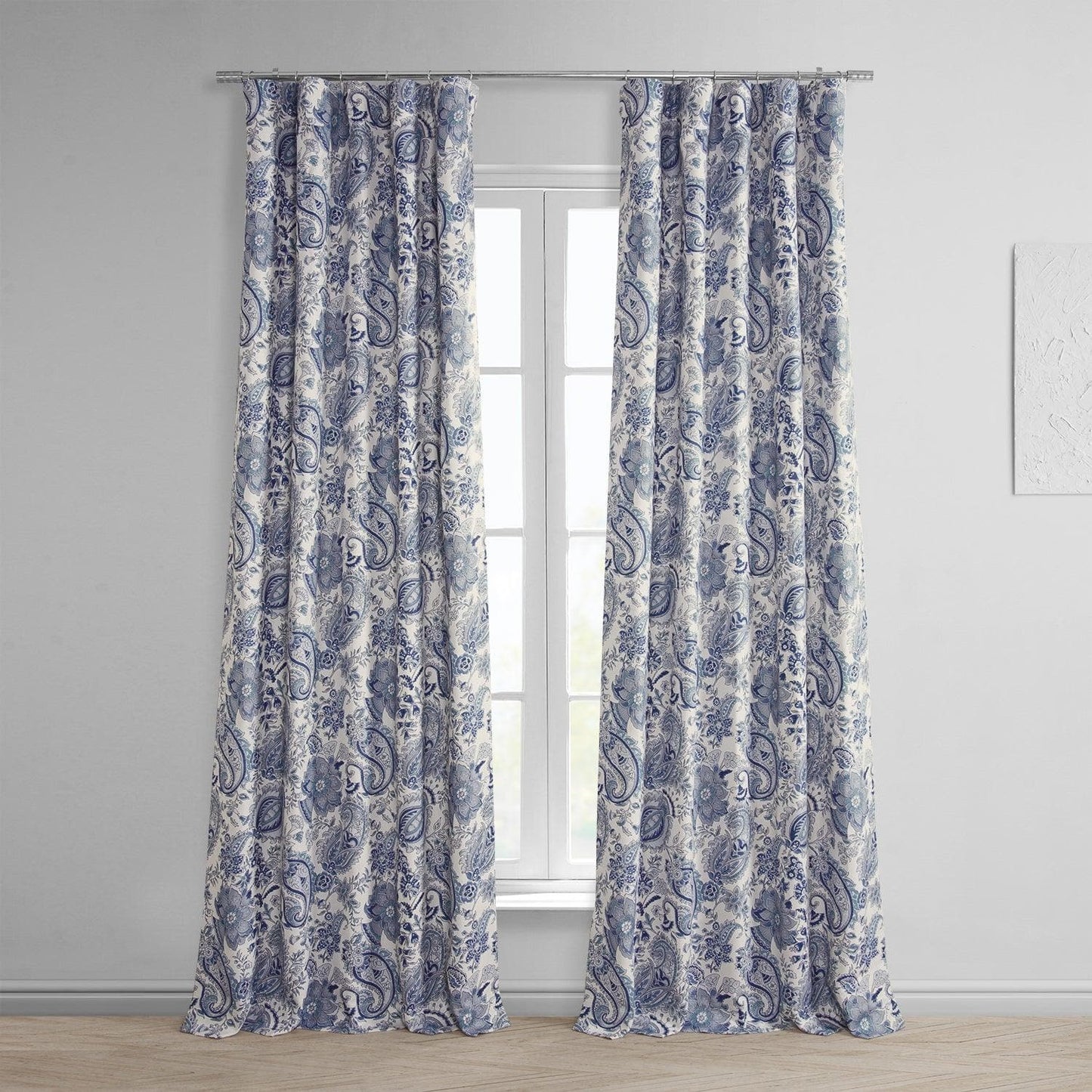 Fullbloom Blue Printed Faux Linen Room Darkening Curtain - HalfPriceDrapes.com