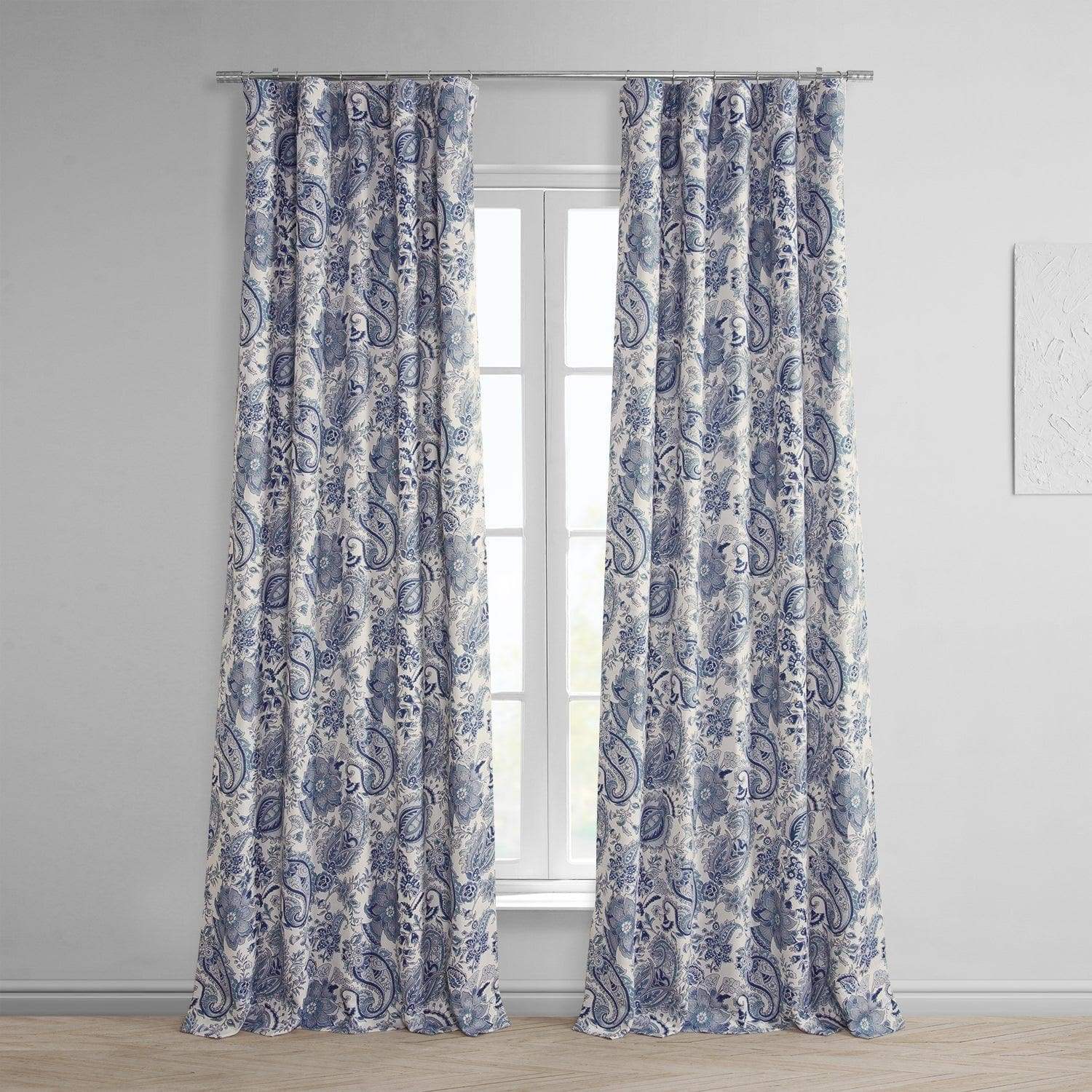 Fullbloom Blue Printed Faux Linen Room Darkening Curtain - HalfPriceDrapes.com