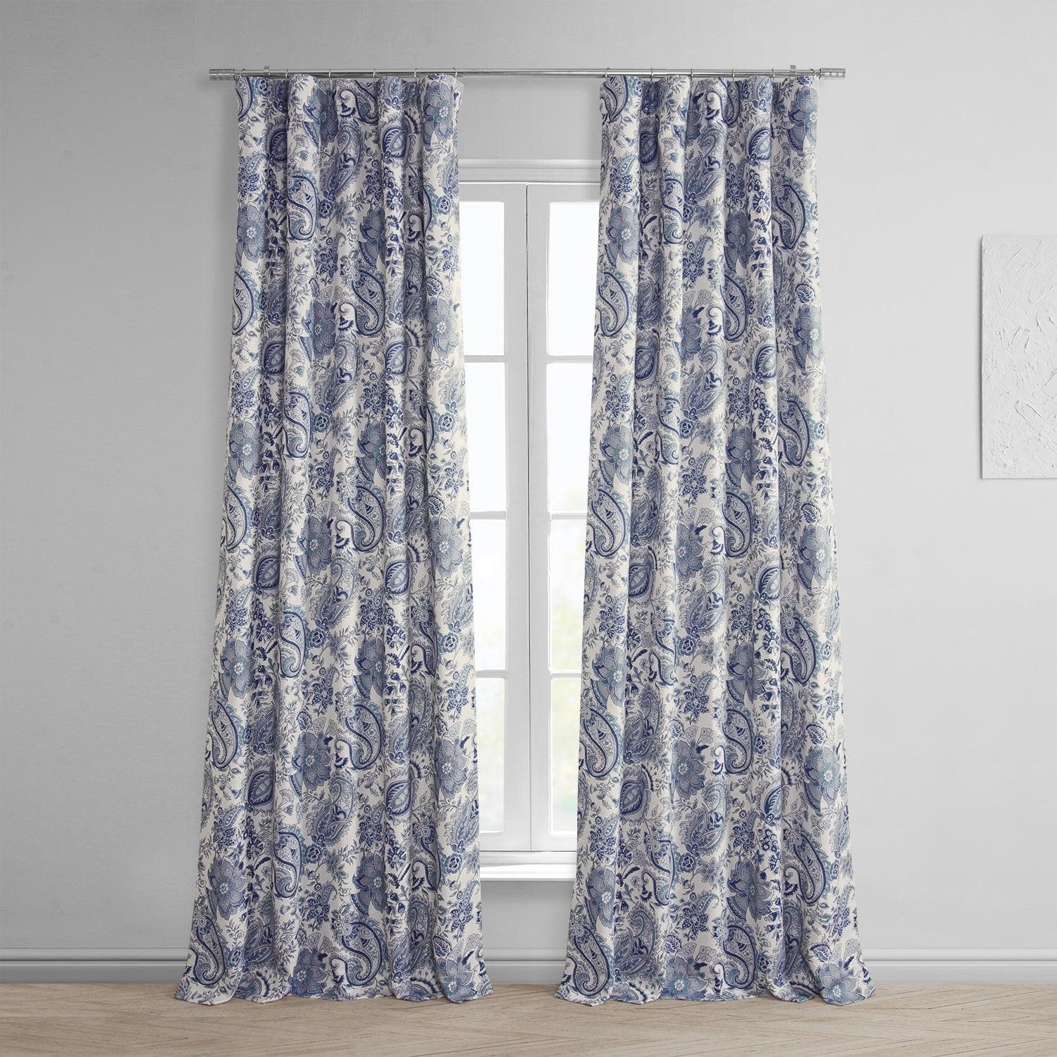 Fullbloom Blue Printed Faux Linen Room Darkening Curtain - HalfPriceDrapes.com