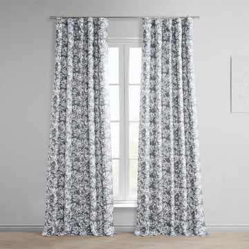 Botanic Grey Floral Printed Faux Linen Room Darkening Curtain