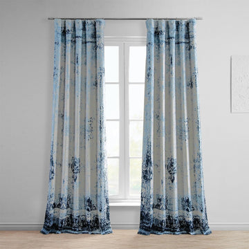 Raindrops Blue Abstract Printed Faux Linen Room Darkening Curtain