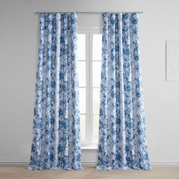 Blue Poppy Floral Printed Faux Linen Room Darkening Curtain
