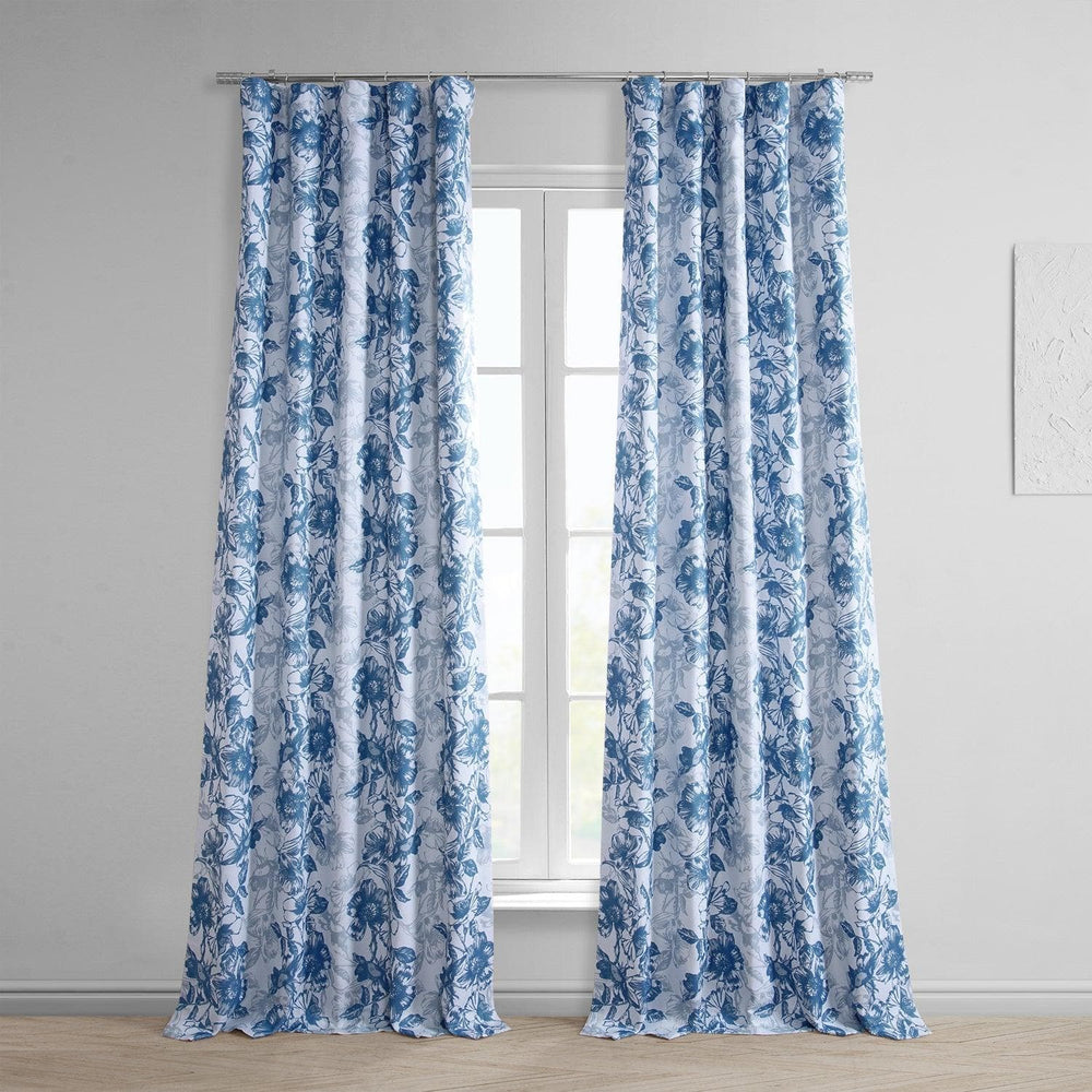 Blue Poppy Printed Faux Linen Room Darkening Curtain - HalfPriceDrapes.com