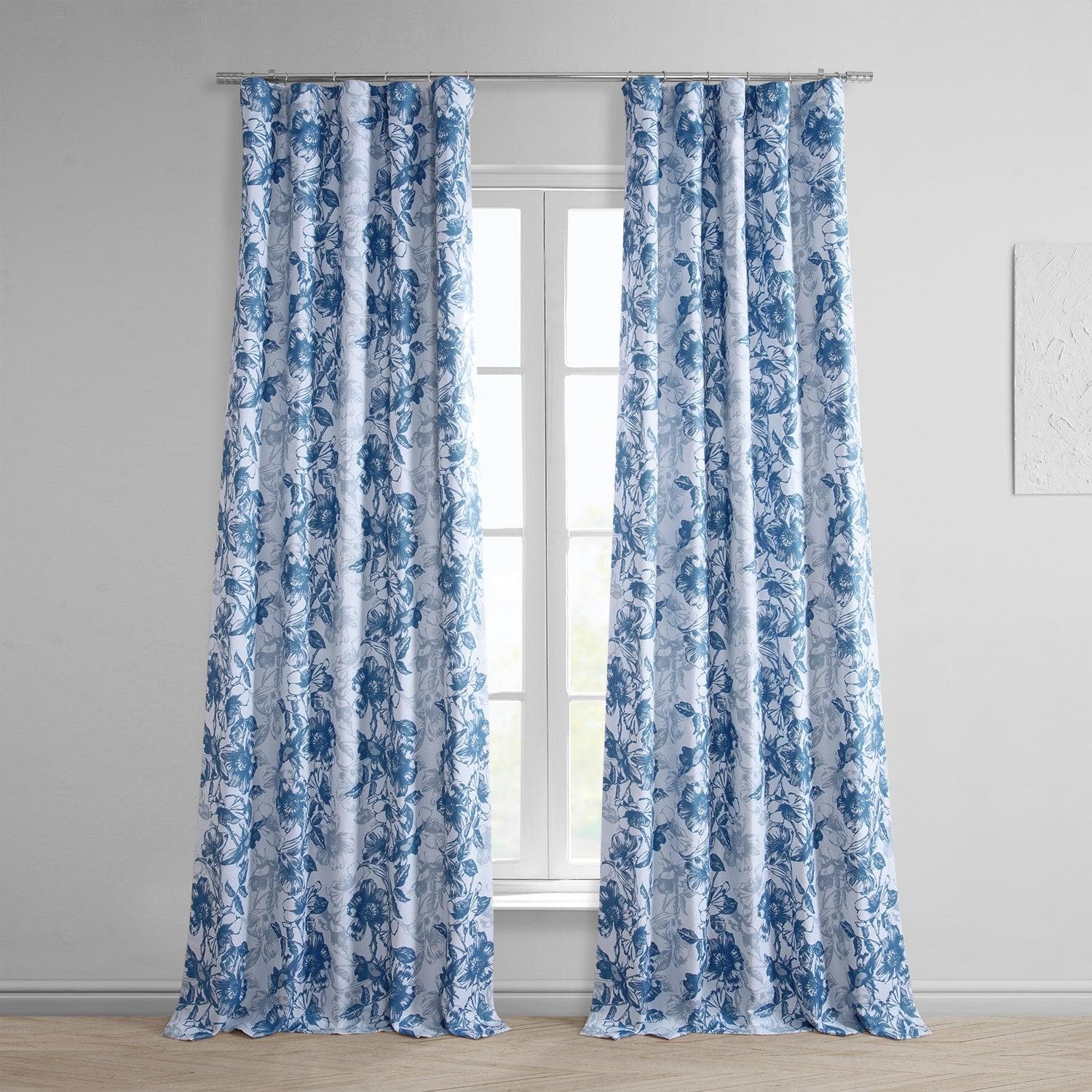 Blue Poppy Printed Faux Linen Room Darkening Curtain - HalfPriceDrapes.com