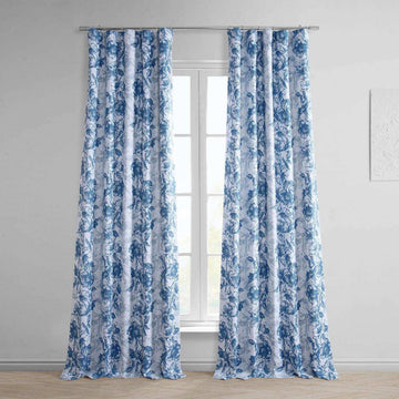 Blue Poppy Printed Faux Linen Room Darkening Curtain - HalfPriceDrapes.com