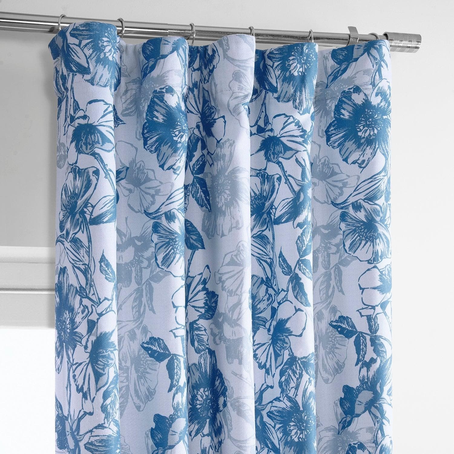Blue Poppy Printed Faux Linen Room Darkening Curtain - HalfPriceDrapes.com