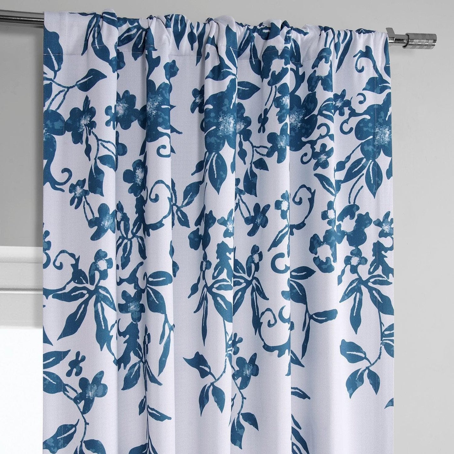 Temple Garden Blue Printed Faux Linen Room Darkening Curtain - HalfPriceDrapes.com