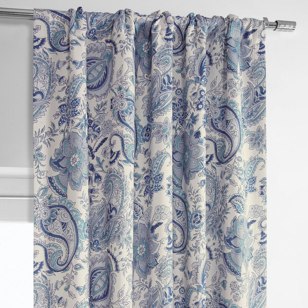 Fullbloom Blue Printed Faux Linen Room Darkening Curtain - HalfPriceDrapes.com