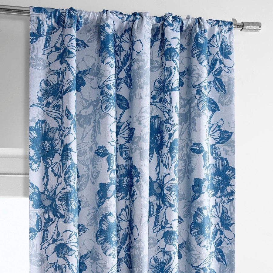 Blue Poppy Printed Faux Linen Room Darkening Curtain - HalfPriceDrapes.com