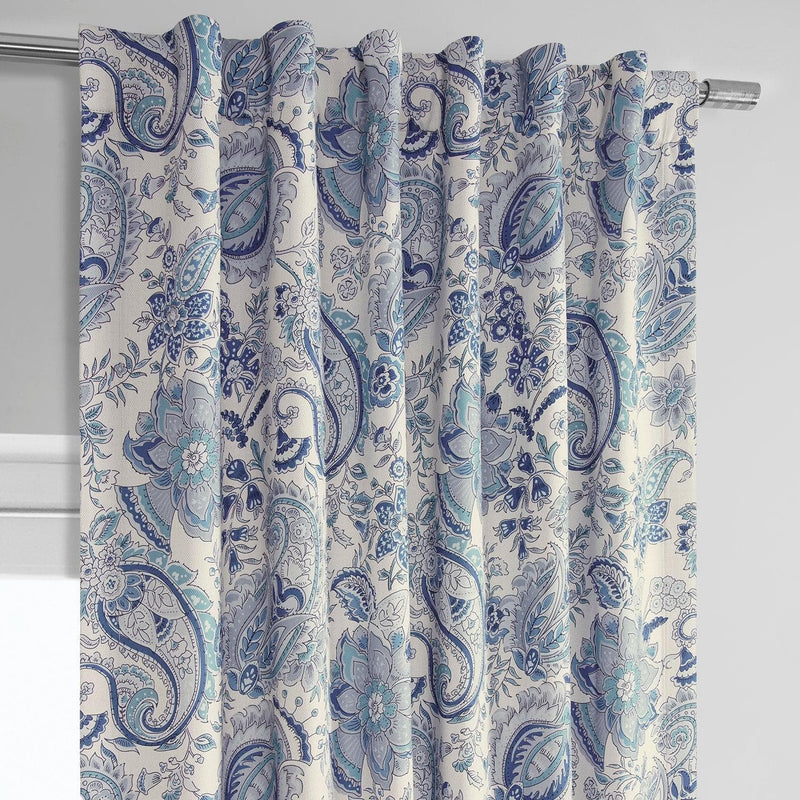 Fullbloom Blue Printed Faux Linen Room Darkening Curtain - HalfPriceDrapes.com