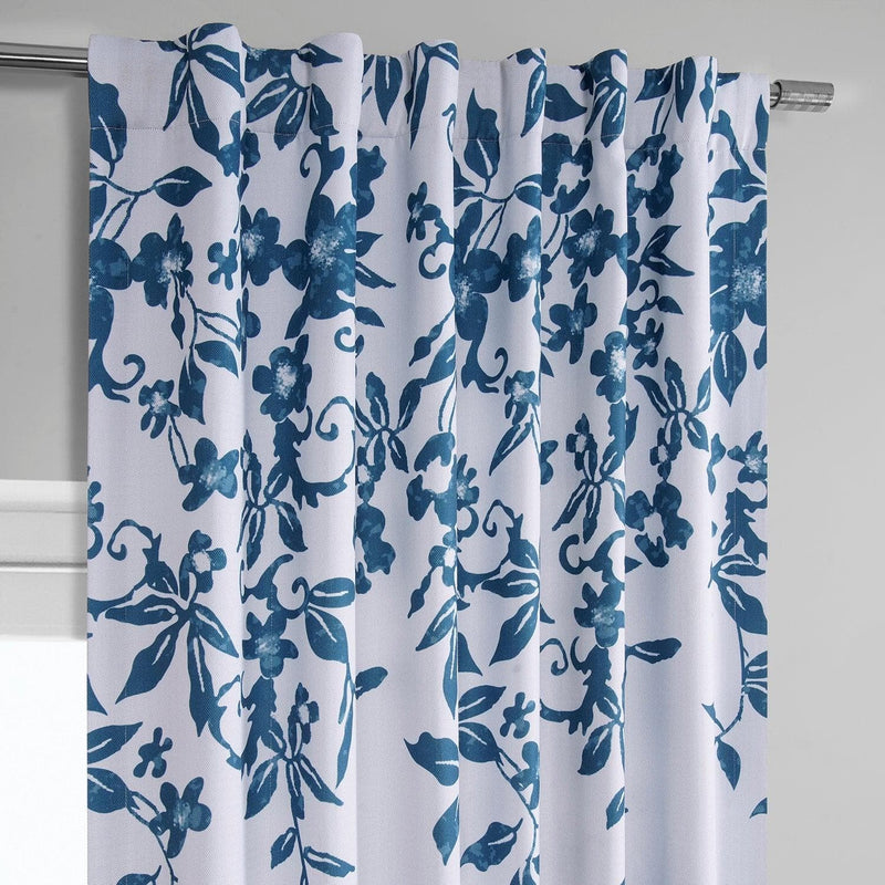 Temple Garden Blue Printed Faux Linen Room Darkening Curtain - HalfPriceDrapes.com