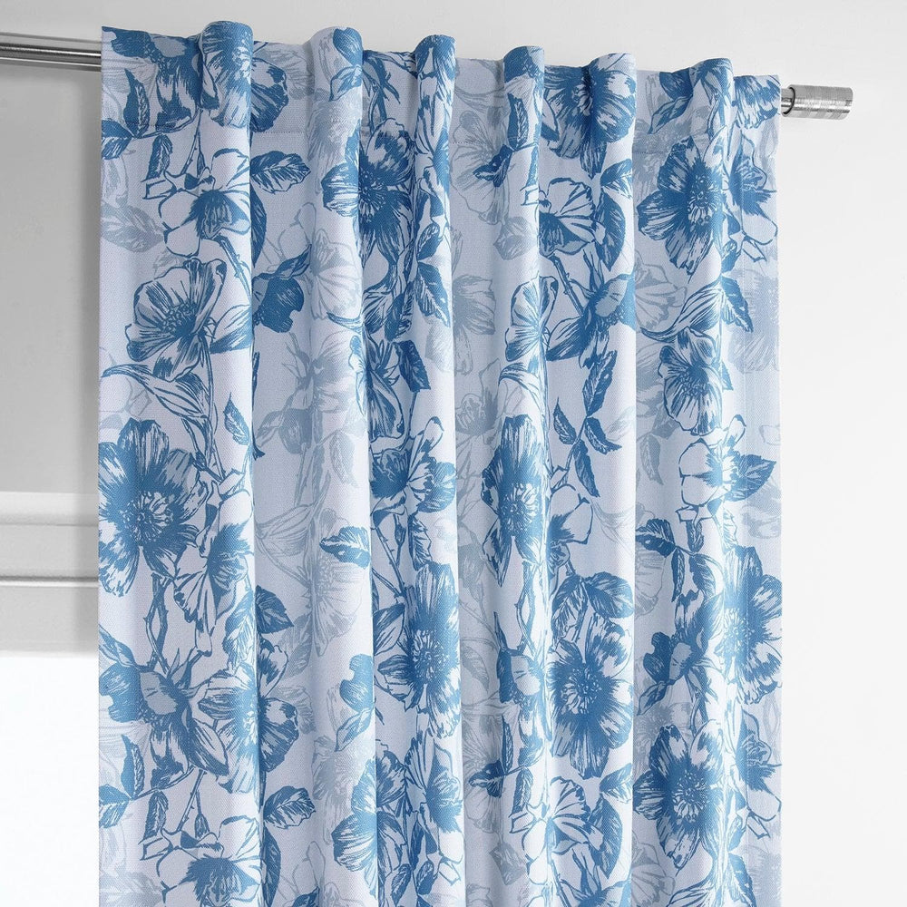 Blue Poppy Printed Faux Linen Room Darkening Curtain - HalfPriceDrapes.com