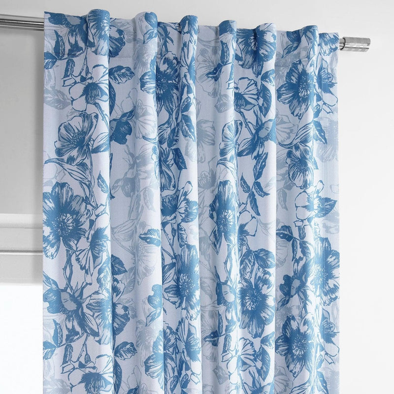 Blue Poppy Printed Faux Linen Room Darkening Curtain - HalfPriceDrapes.com