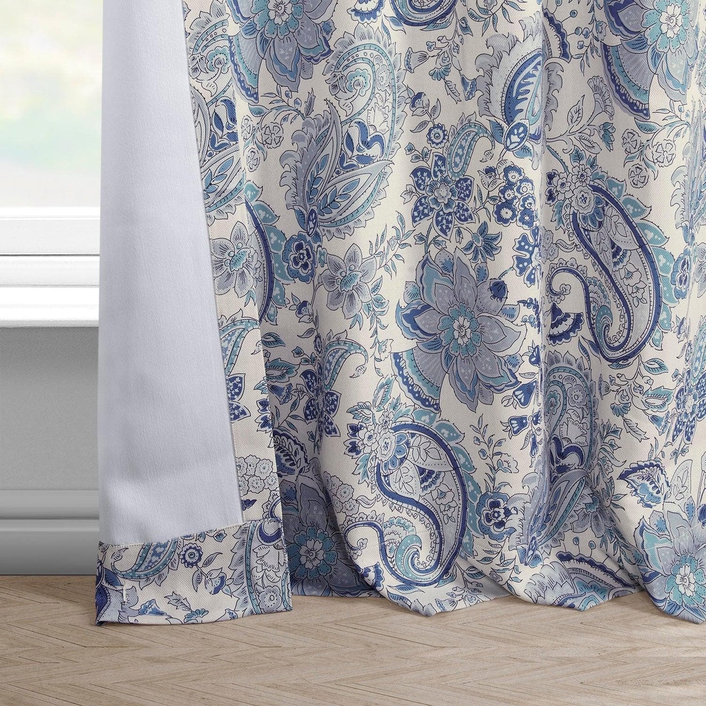 Fullbloom Blue Printed Faux Linen Room Darkening Curtain - HalfPriceDrapes.com