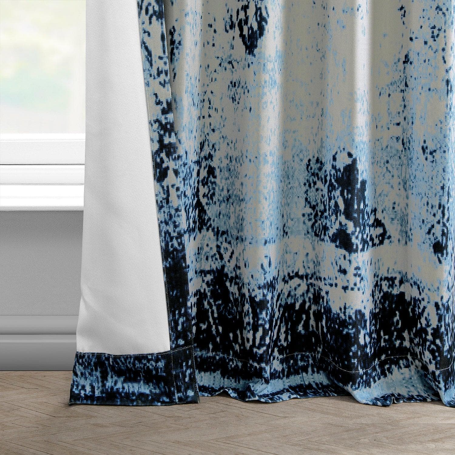 Raindrops Blue Printed Faux Linen Room Darkening Curtain - HalfPriceDrapes.com