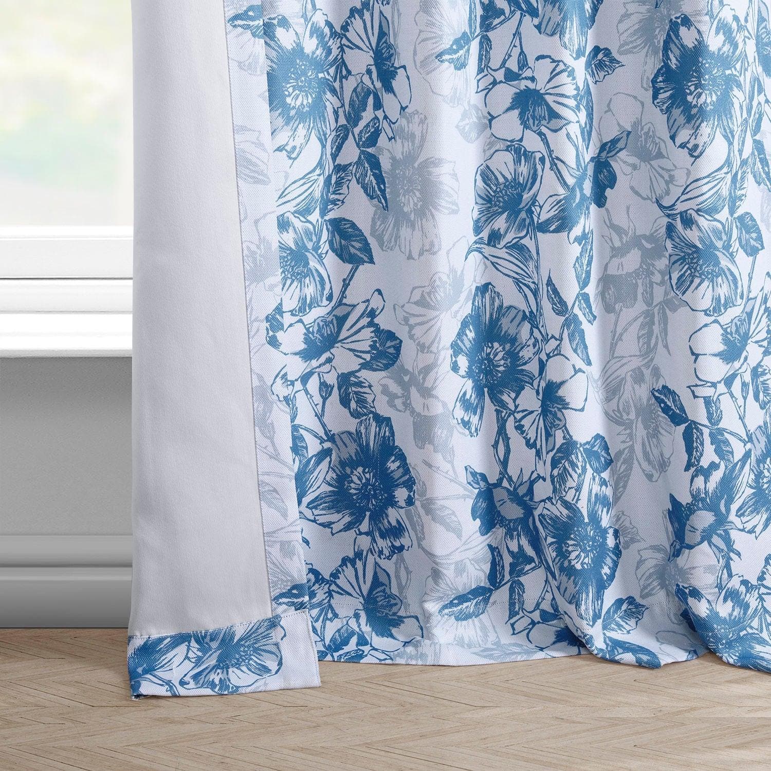 Blue Poppy Printed Faux Linen Room Darkening Curtain - HalfPriceDrapes.com