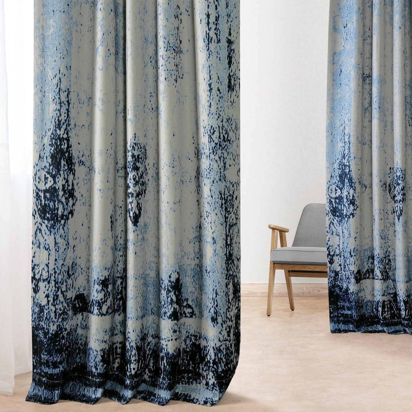 Raindrops Blue Printed Faux Linen Room Darkening Curtain - HalfPriceDrapes.com