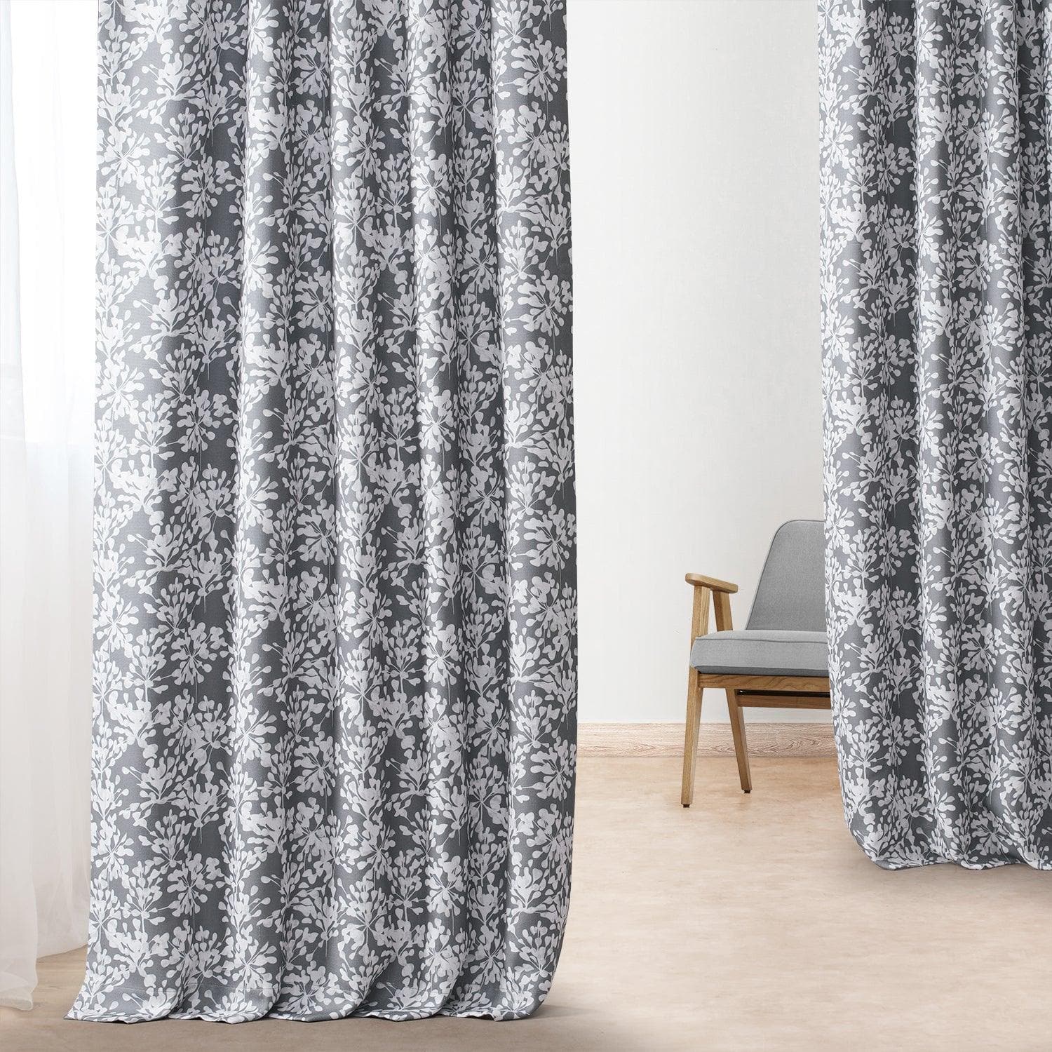 Botanic Grey Printed Faux Linen Room Darkening Curtain - HalfPriceDrapes.com