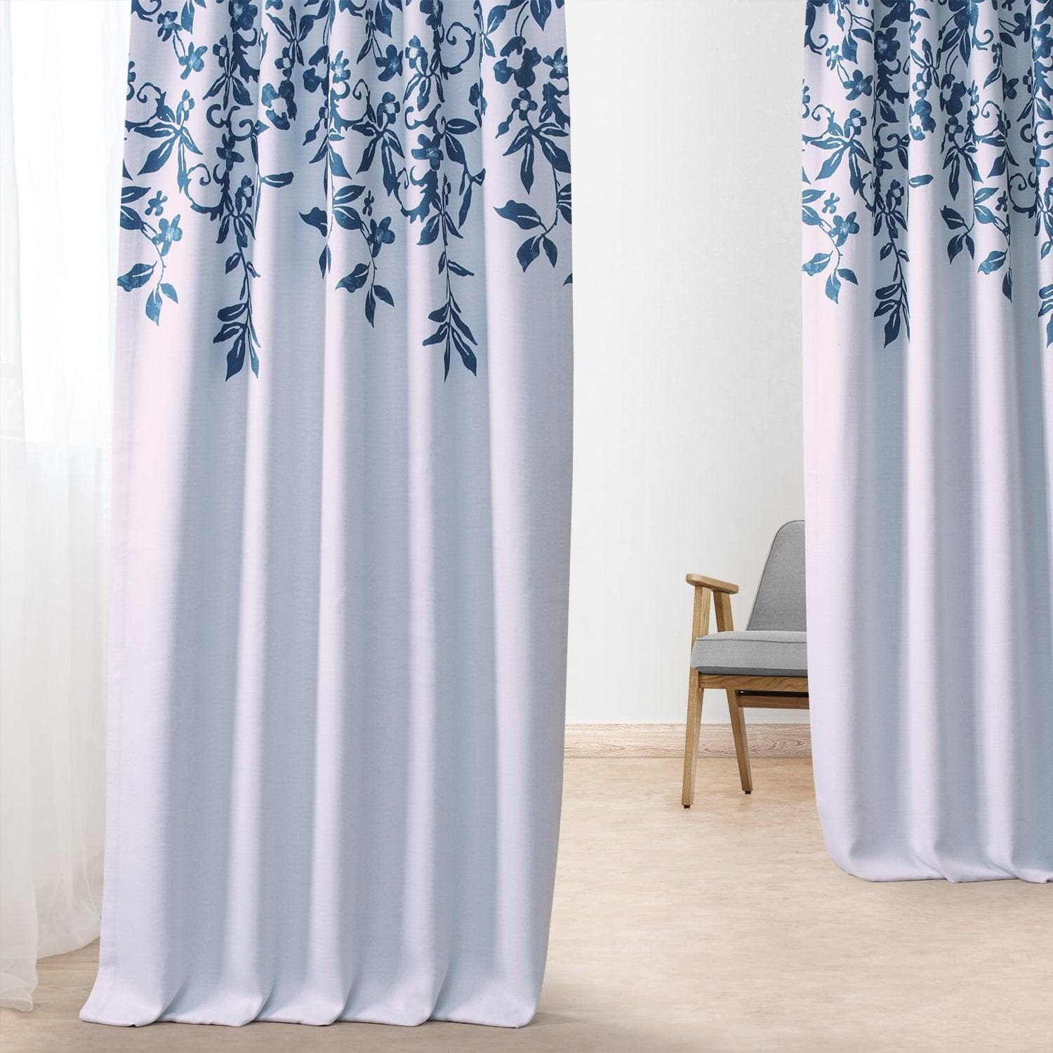 Temple Garden Blue Printed Faux Linen Room Darkening Curtain - HalfPriceDrapes.com