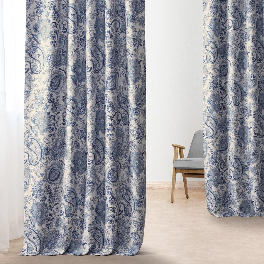 Fullbloom Blue Printed Faux Linen Room Darkening Curtain - HalfPriceDrapes.com