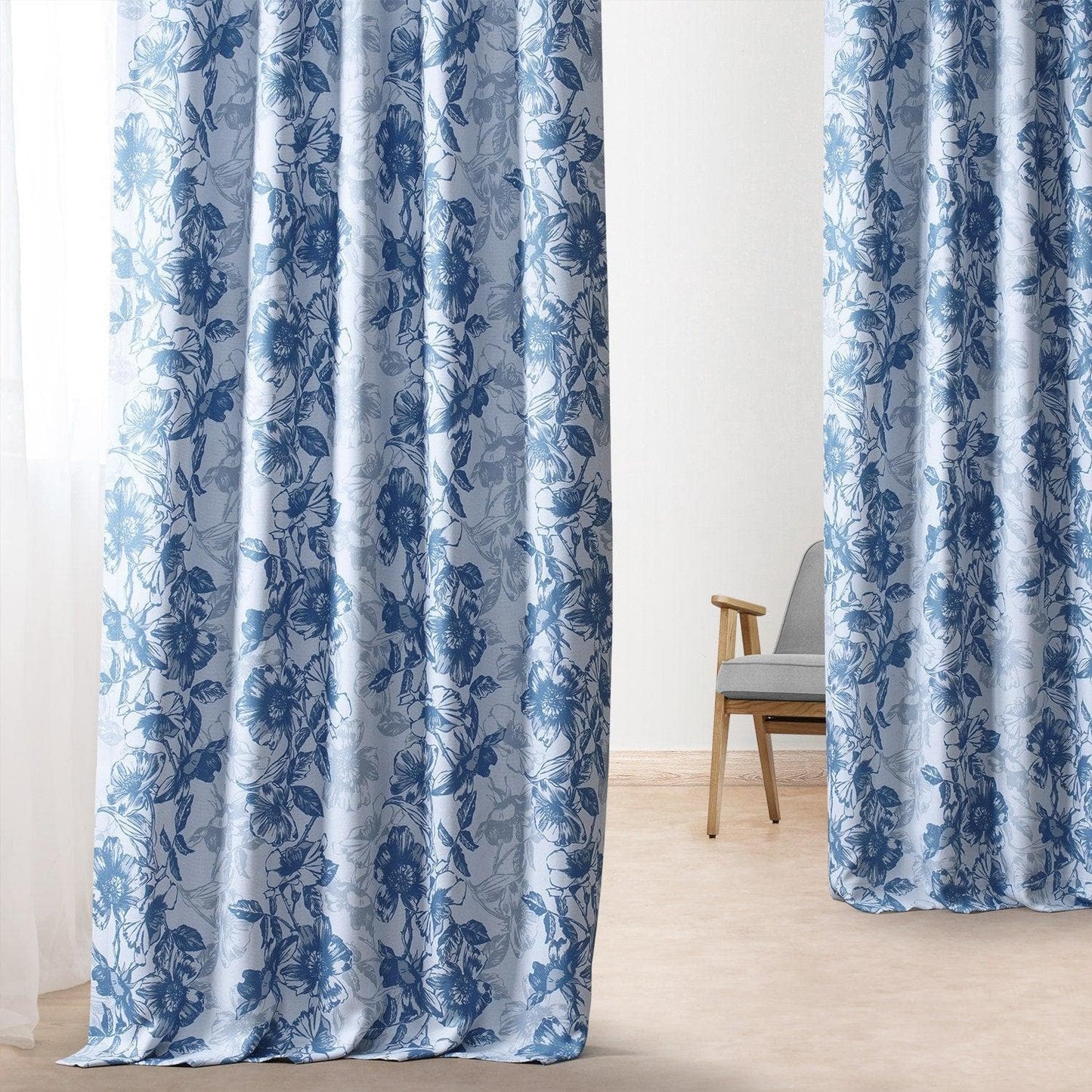 Blue Poppy Printed Faux Linen Room Darkening Curtain - HalfPriceDrapes.com