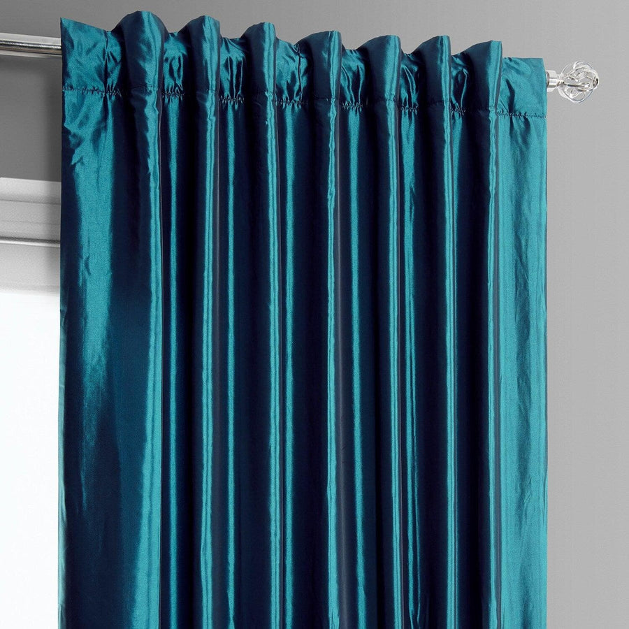 Banded Mediterranean Faux Silk Taffeta & Alavon Blue Plush Velvet Curtain