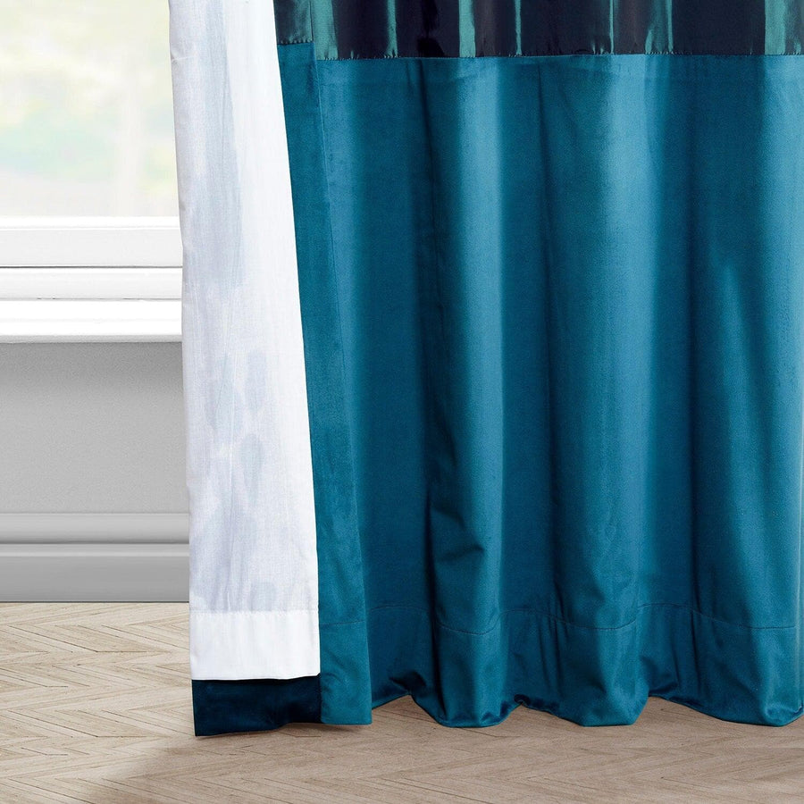 Banded Mediterranean Faux Silk Taffeta & Alavon Blue Plush Velvet Curtain