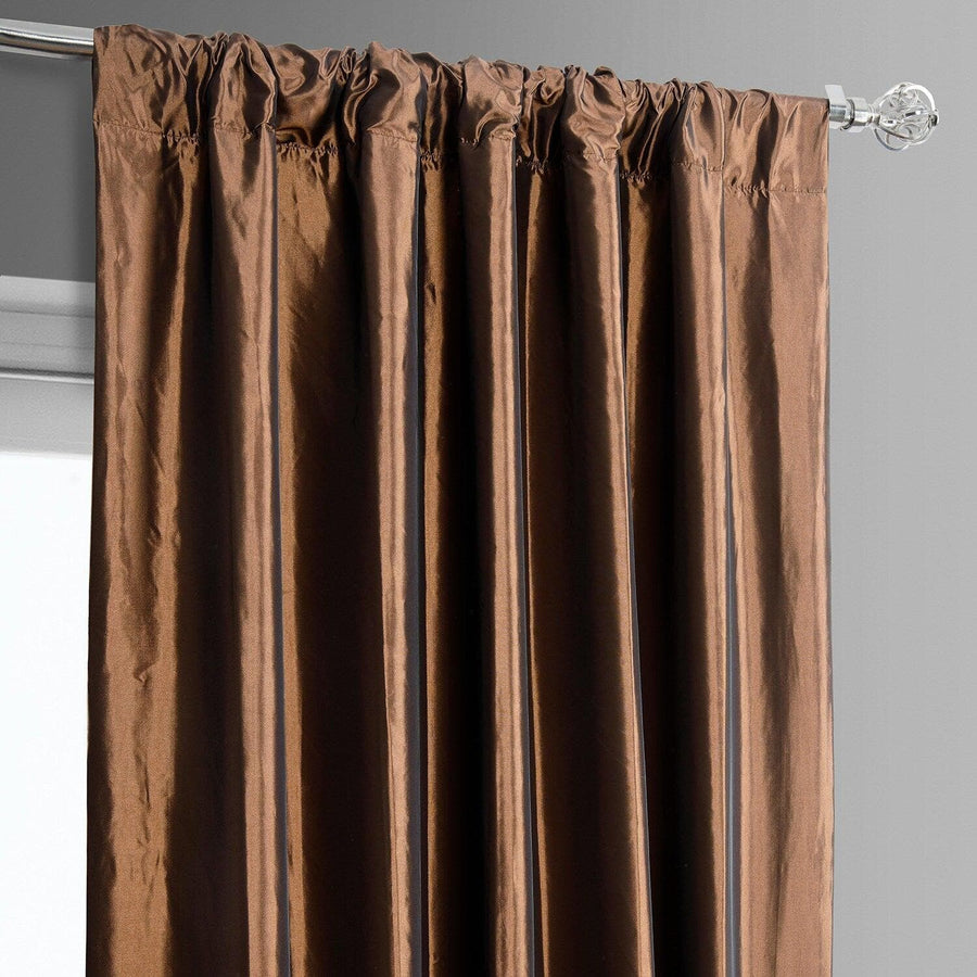 Banded Copper Brown Faux Silk Taffeta & Macchiato Beige Plush Velvet Curtain