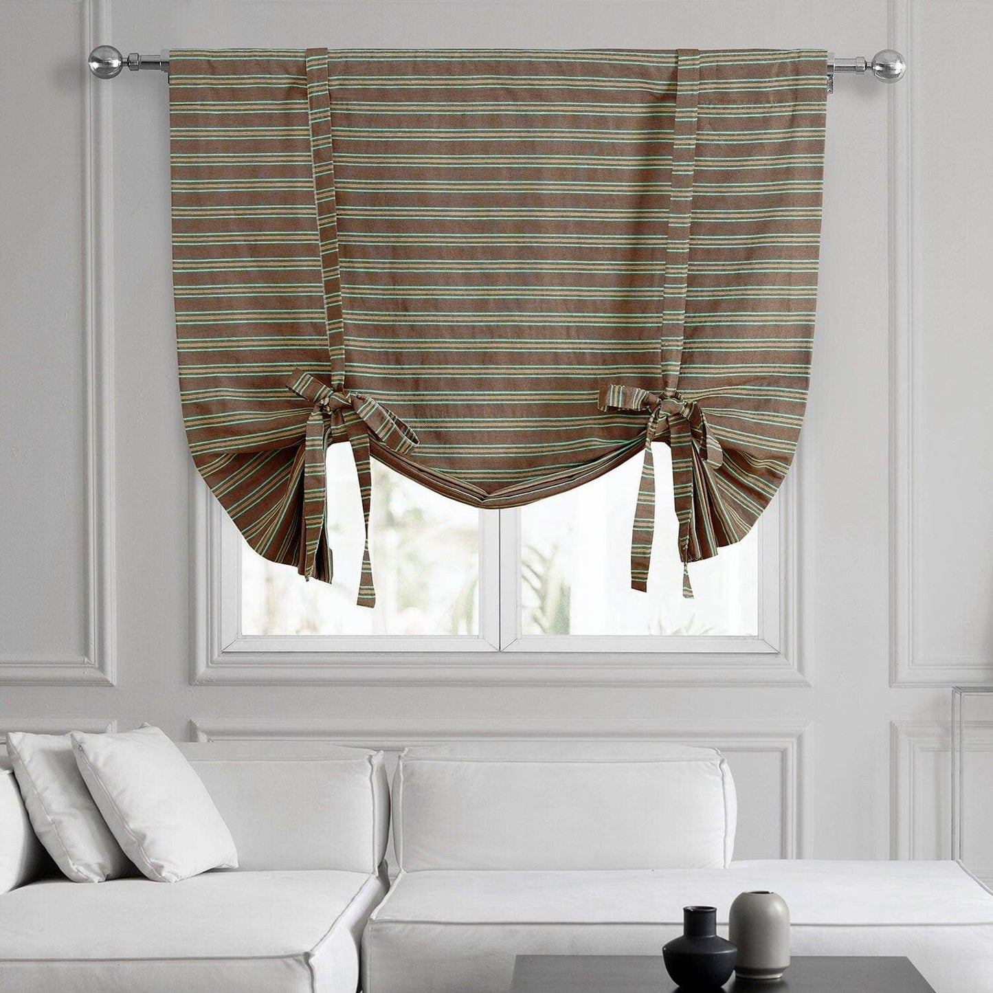 Mocha & Teal Striped Hand Weaved Cotton Tie-Up Window Shade
