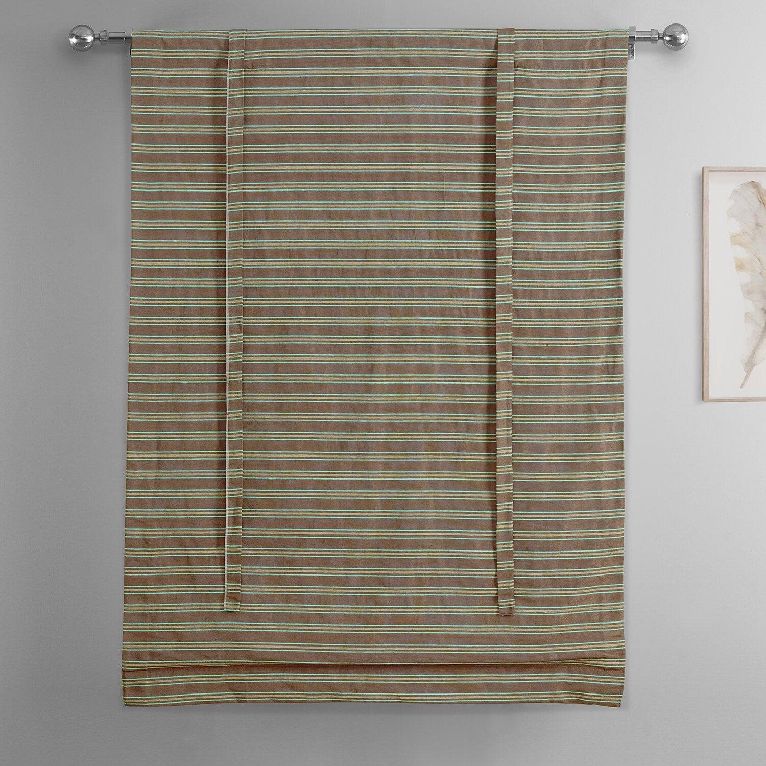 Mocha & Teal Striped Hand Weaved Cotton Tie-Up Window Shade