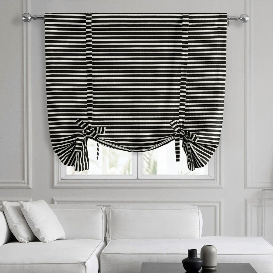 Chic Silver & Black Striped Hand Weaved Cotton Tie-Up Window Shade