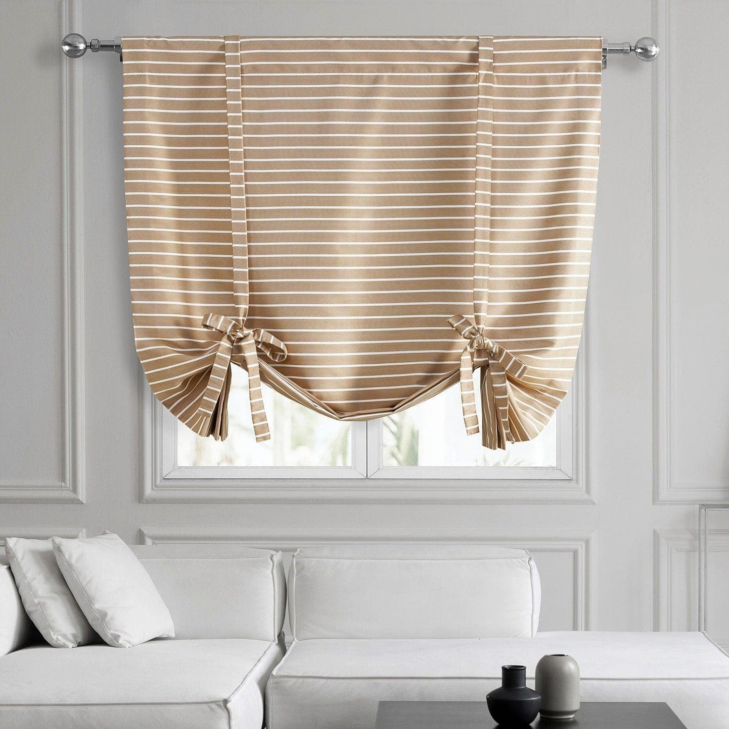 Brown & White Striped Hand Weaved Cotton Tie-Up Window Shade