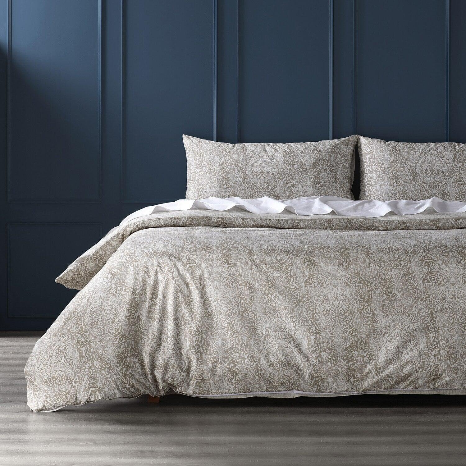 Palmer Taupe Printed Cotton Percale Reversible Duvet Set - HalfPriceDrapes.com