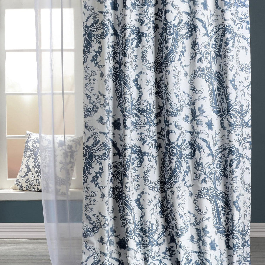Edina Washed Blue Printed Cotton Custom Curtain - HalfPriceDrapes.com