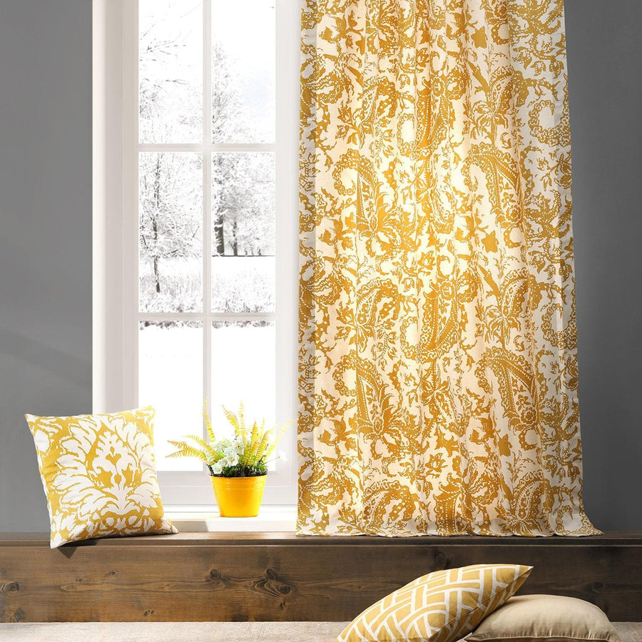 Edina Washed Mustard Printed Cotton Custom Curtain - HalfPriceDrapes.com