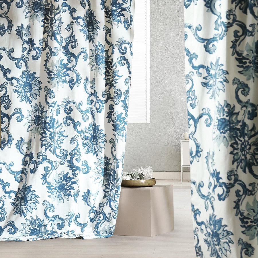 Indonesian Blue Printed Cotton Custom Curtain - HalfPriceDrapes.com