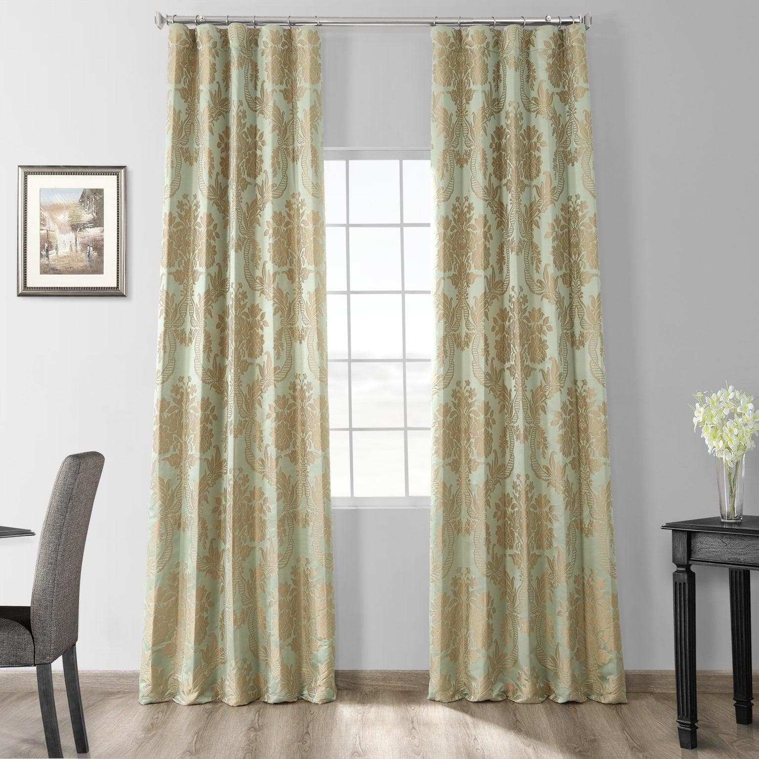 Magdelena Jade & Gold Faux Silk Jacquard Curtain
