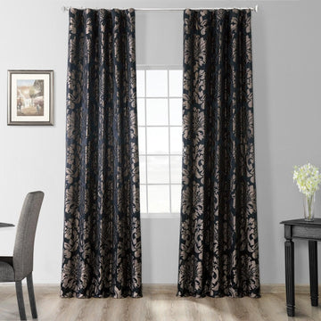 Astoria Black & Pewter Damask Faux Silk Jacquard Room Darkening Curtain