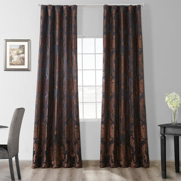 Magdelena Black & Copper Damask Faux Silk Jacquard Room Darkening Curtain