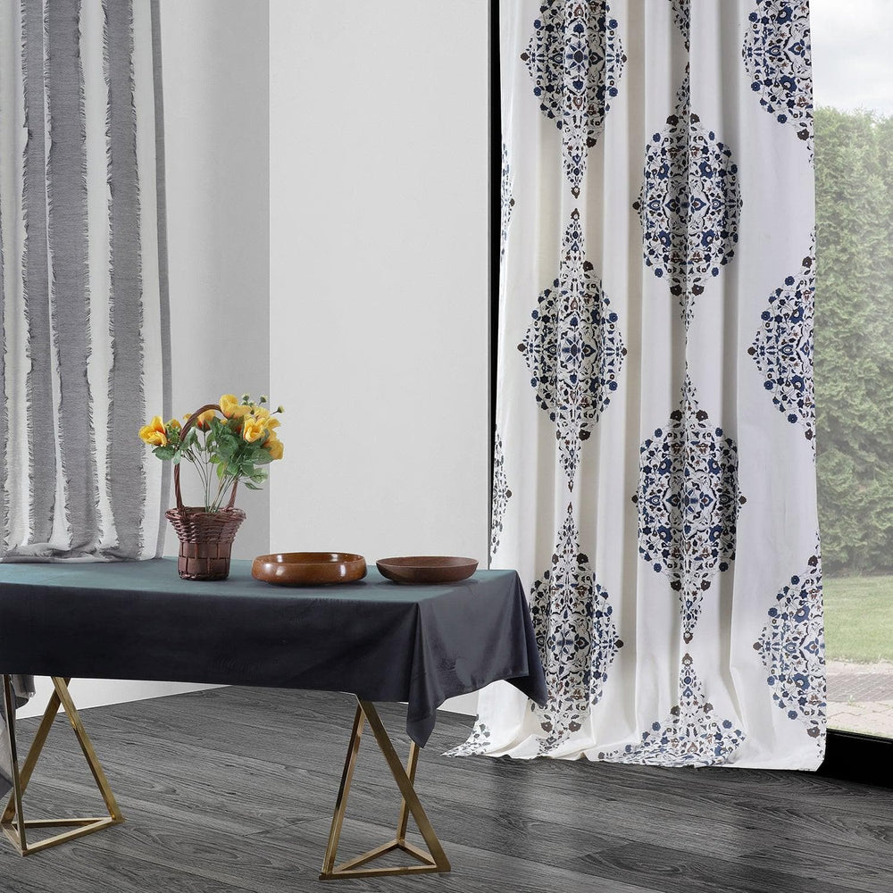 Kerala Blue Printed Cotton Custom Curtain - HalfPriceDrapes.com