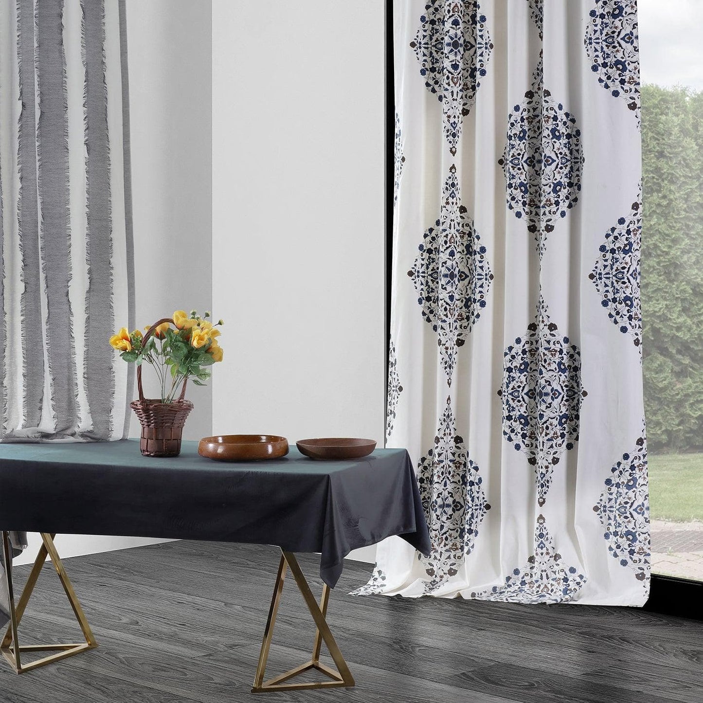 Kerala Blue Printed Cotton Custom Curtain - HalfPriceDrapes.com